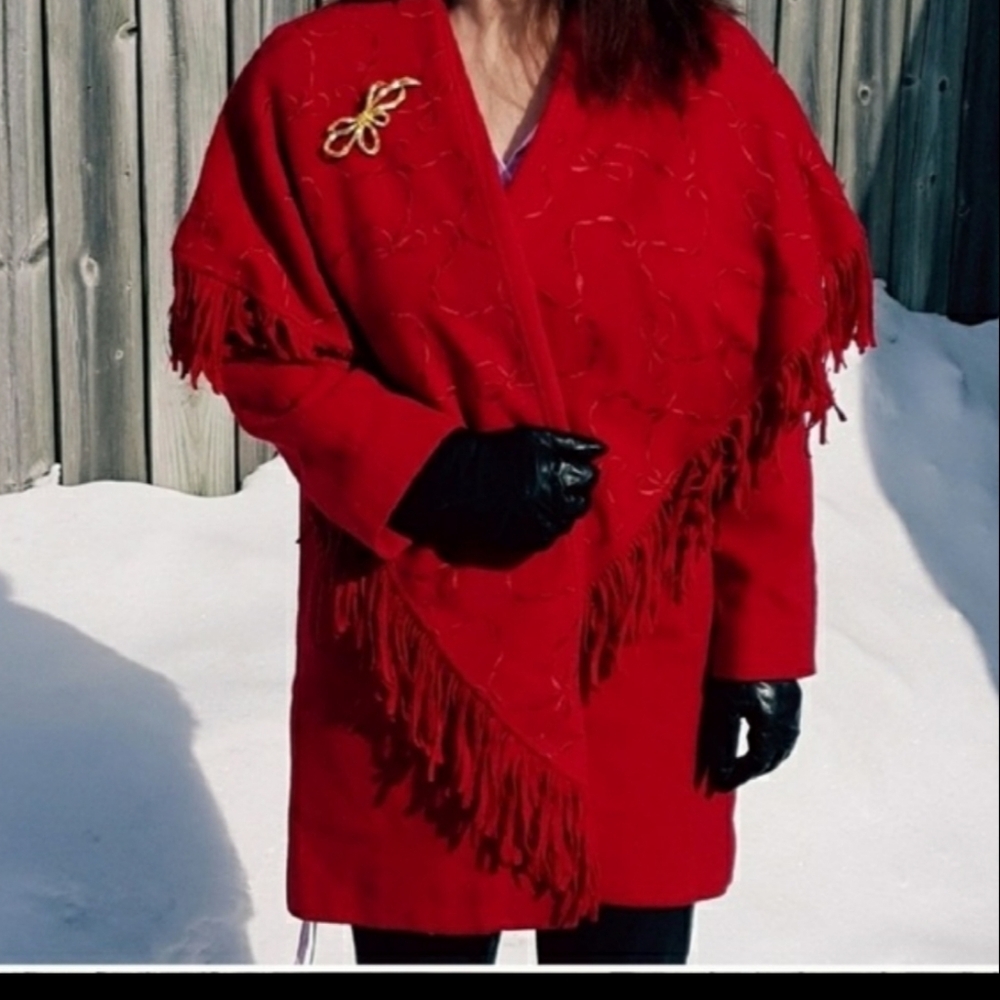 Vintage Red Wool Fringe Embroidered Pea Coat Western Bohemian Winter - Picture 12 of 16